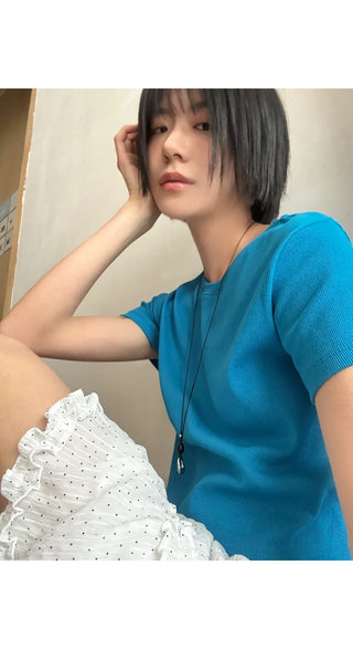 Lined Color Ribbed Crop Short Sleeve Tee