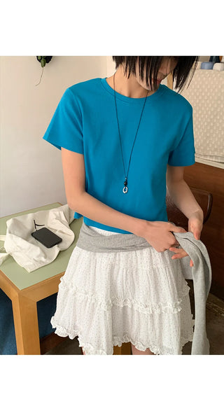 Lined Color Ribbed Crop Short Sleeve Tee