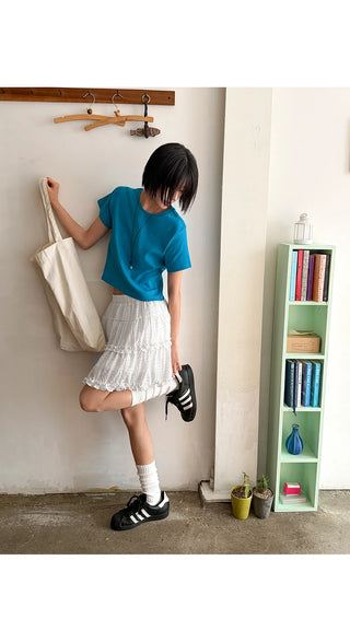 Lined Color Ribbed Crop Short Sleeve Tee