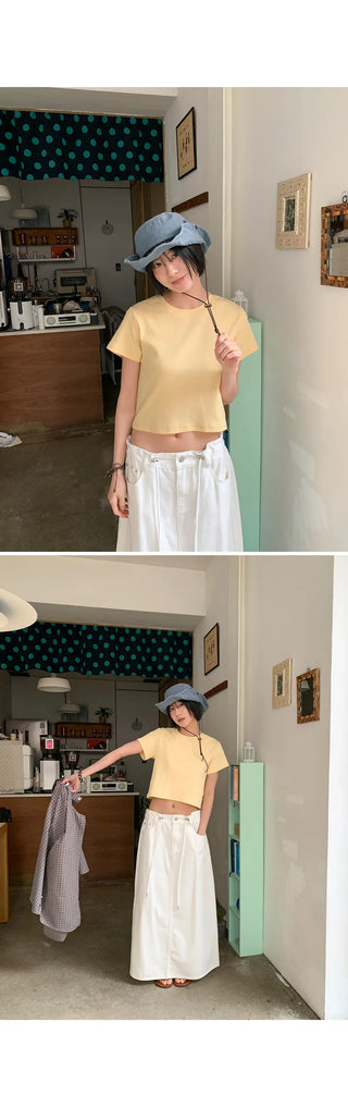 Lined Color Ribbed Crop Short Sleeve Tee