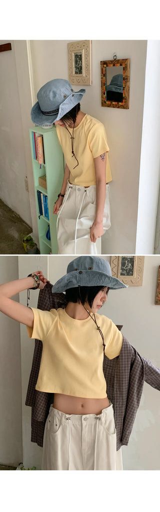 Lined Color Ribbed Crop Short Sleeve Tee