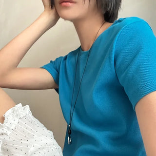 Lined Color Ribbed Crop Short Sleeve Tee