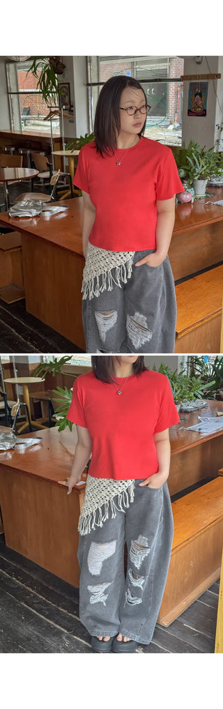 Lined Color Ribbed Crop Short Sleeve Tee