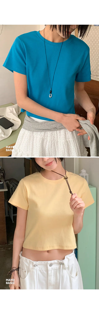 Lined Color Ribbed Crop Short Sleeve Tee