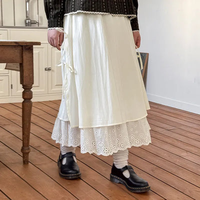 Barettes Lace Layered Ribbon Strap Flare Elastic Long Skirt