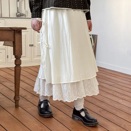 Barettes Lace Layered Ribbon Strap Flare Elastic Long Skirt