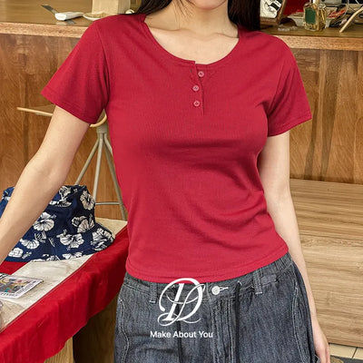 Happy Color Henley Neck Ribbed Rayon Slim Fit Basic Short Sleeve T-shirt