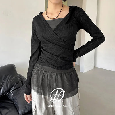 Light Mari Summer V-Neck Hoodie Ribbed Wrap Layered Long Sleeve T-Shirt Must-Have Rainy Season Look