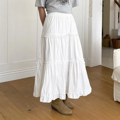Violet Ribbon Lace Frill Tiered Flare Elastic Long Skirt