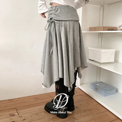 Pavelo Shirred Asymmetrical French Terry Layered Elastic Waist Flare Midi Skirt