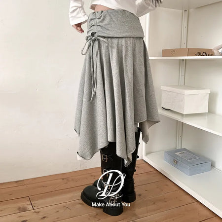 Pavelo Shirred Asymmetrical French Terry Layered Elastic Waist Flare Midi Skirt