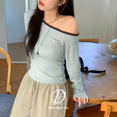 Timit Color Block Asymmetrical One Shoulder Semi-Crop Long Sleeve T-shirt