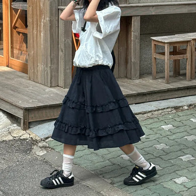 Criben Check Tiered Frill Elastic Waist Midi Cotton Skirt