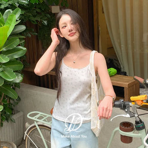 Sandy Flower Punched Lace Semi-Crop Ribbed Strap Sleeveless Top