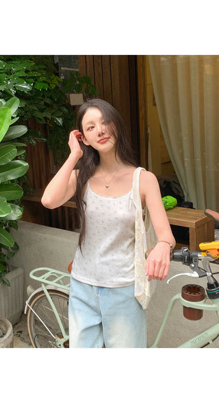 Sandy Flower Punched Lace Semi-Crop Ribbed Strap Sleeveless Top
