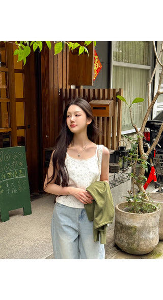 Sandy Flower Punched Lace Semi-Crop Ribbed Strap Sleeveless Top