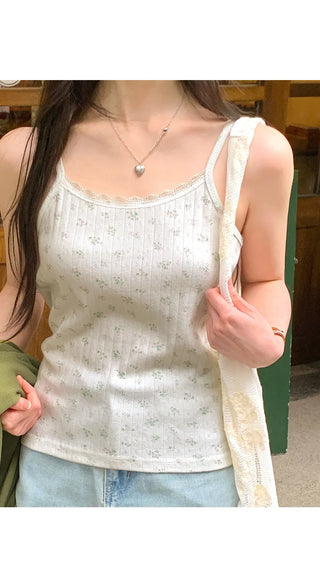 Sandy Flower Punched Lace Semi-Crop Ribbed Strap Sleeveless Top