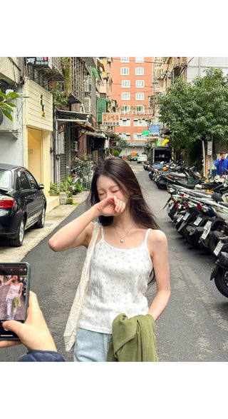 Sandy Flower Punched Lace Semi-Crop Ribbed Strap Sleeveless Top