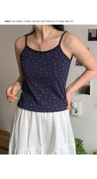 Sandy Flower Punched Lace Semi-Crop Ribbed Strap Sleeveless Top