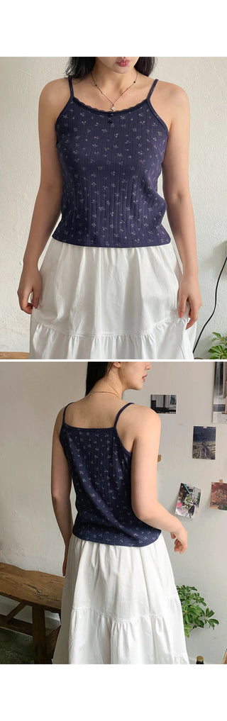 Sandy Flower Punched Lace Semi-Crop Ribbed Strap Sleeveless Top