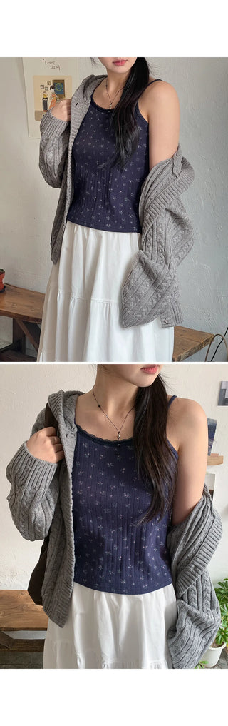 Sandy Flower Punched Lace Semi-Crop Ribbed Strap Sleeveless Top