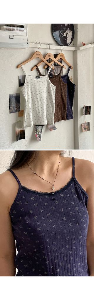 Sandy Flower Punched Lace Semi-Crop Ribbed Strap Sleeveless Top