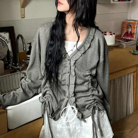 Bdizen V-Neck Frill Strap Shirring Punching Long Sleeve Knit Cardigan