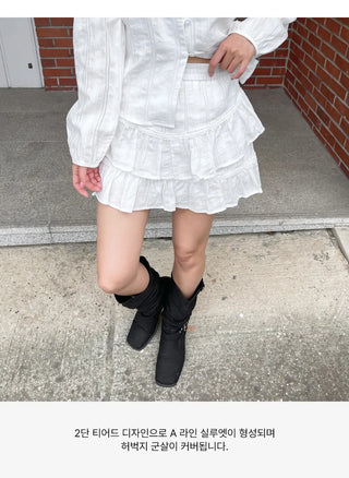 Elf Jacquard Lace Tiered Flare Elastic Waist Mini Skirt Skirt-Pants Wedding Guest Look
