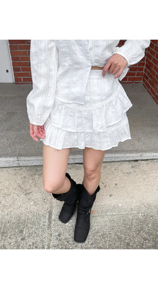 Elf Jacquard Lace Tiered Flare Elastic Waist Mini Skirt Skirt-Pants Wedding Guest Look