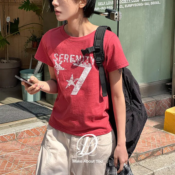 Seniel Cotton Slim Fit Printed Semi-Crop Round Short Sleeve T-shirt