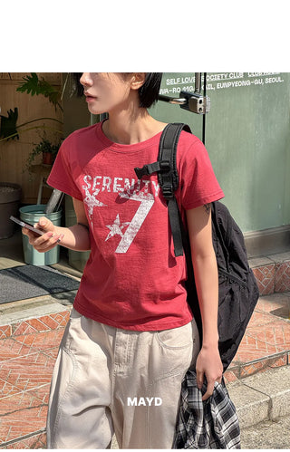 Seniel Cotton Slim Fit Printed Semi-Crop Round Short Sleeve T-shirt