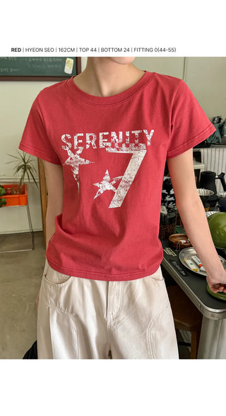 Seniel Cotton Slim Fit Printed Semi-Crop Round Short Sleeve T-shirt
