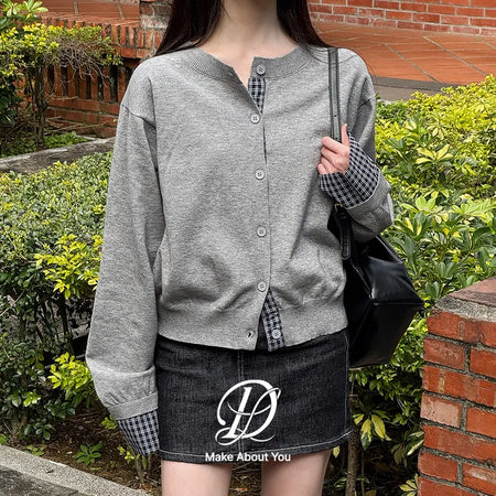 Nael Check Shirt Contrast Oversized Semi-Crop Layered Long Sleeve Knit Cardigan Wedding Guest Look