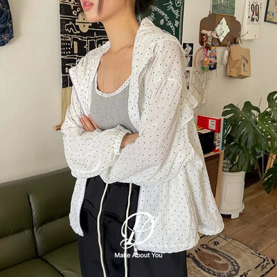 Little Dot Frill Sheer Chiffon Hooded Two-Way Windbreaker Jacket