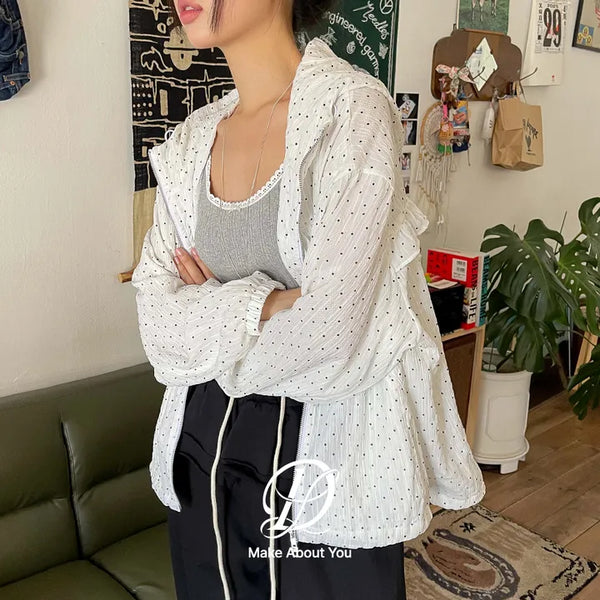 Little Dot Frill Sheer Chiffon Hooded Two-Way Windbreaker Jacket