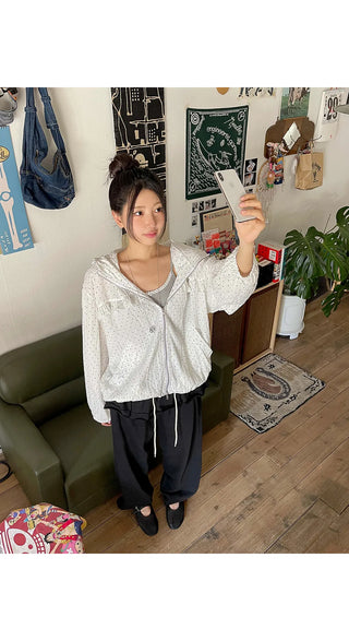 Little Dot Frill Sheer Chiffon Hooded Two-Way Windbreaker Jacket