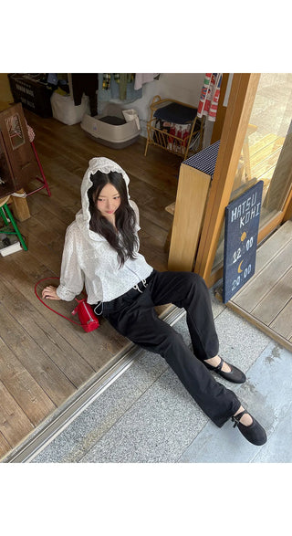 Little Dot Frill Sheer Chiffon Hooded Two-Way Windbreaker Jacket