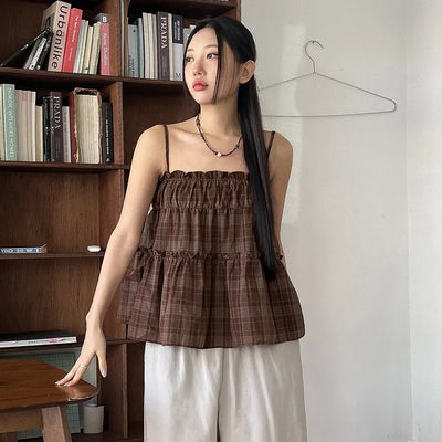Kikitan Check Shirred Tiered Flare Layered Strap Sleeveless Blouse Resort Look Waterbomb Summer Swag Show