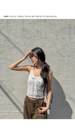 TIEL Vintage Flower Ribbed Lace V-Neck Loose Wavy Ribbon Strap Layered Sleeveless Top