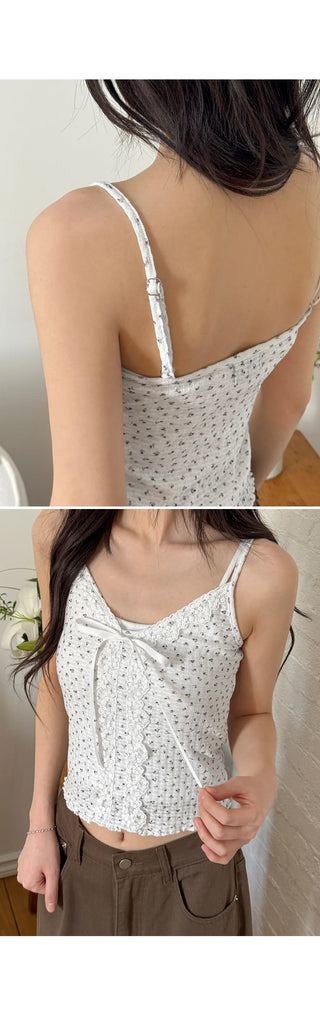 TIEL Vintage Flower Ribbed Lace V-Neck Loose Wavy Ribbon Strap Layered Sleeveless Top
