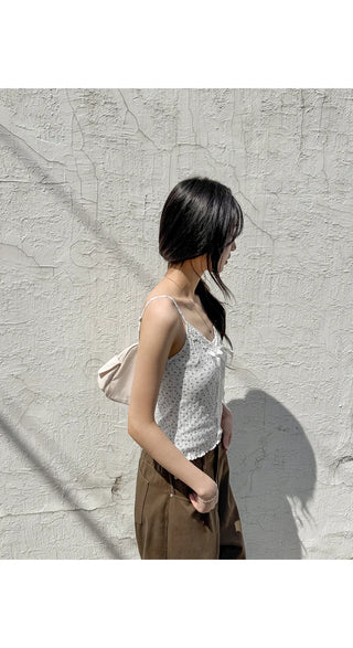 TIEL Vintage Flower Ribbed Lace V-Neck Loose Wavy Ribbon Strap Layered Sleeveless Top