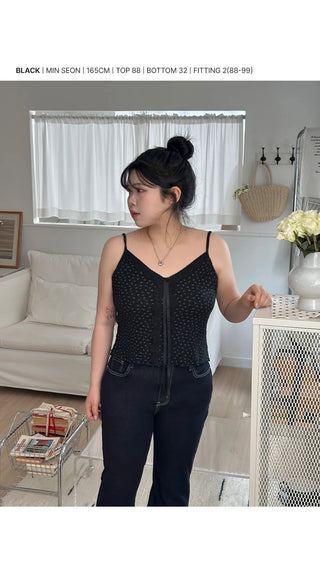 TIEL Vintage Flower Ribbed Lace V-Neck Loose Wavy Ribbon Strap Layered Sleeveless Top