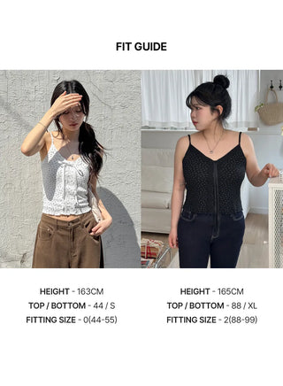 TIEL Vintage Flower Ribbed Lace V-Neck Loose Wavy Ribbon Strap Layered Sleeveless Top