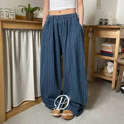 Raining Stripe Pintuck Two-Way String Jogger Wide Denim Pants Jeans