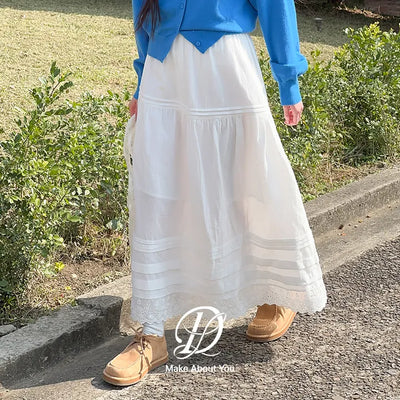 Abbi Cotton Lace Shirred Pintuck Tiered Flare Elastic Long Skirt