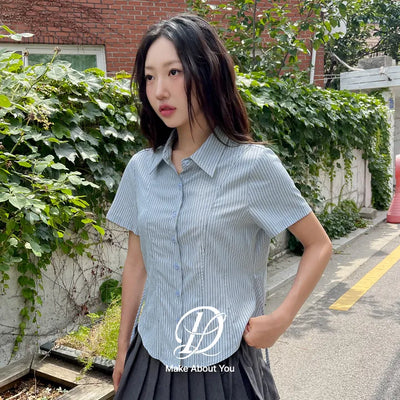 Ben Stripe Slim Fit Strap Semi-Crop Short Sleeve Shirt Summer Shirt