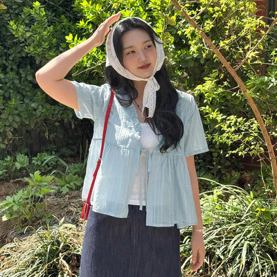 Heiding Ribbon Frill Layered Short Sleeve Blouse