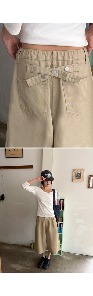 Levin Length  Cotton Tab Hidden Elastic Waist Wide Bermuda Half Pants Cotton Shorts