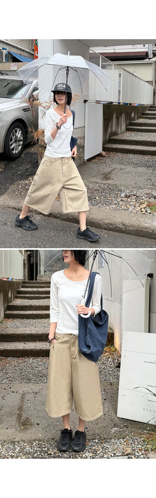 Levin Length  Cotton Tab Hidden Elastic Waist Wide Bermuda Half Pants Cotton Shorts