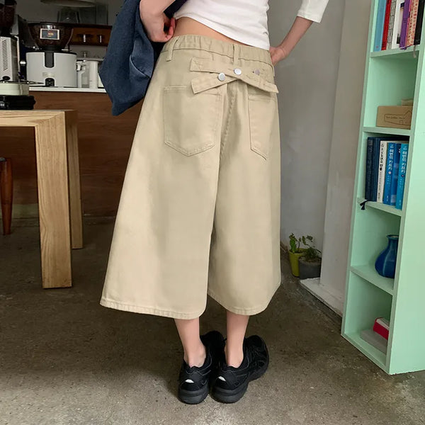 Levin Length  Cotton Tab Hidden Elastic Waist Wide Bermuda Half Pants Cotton Shorts